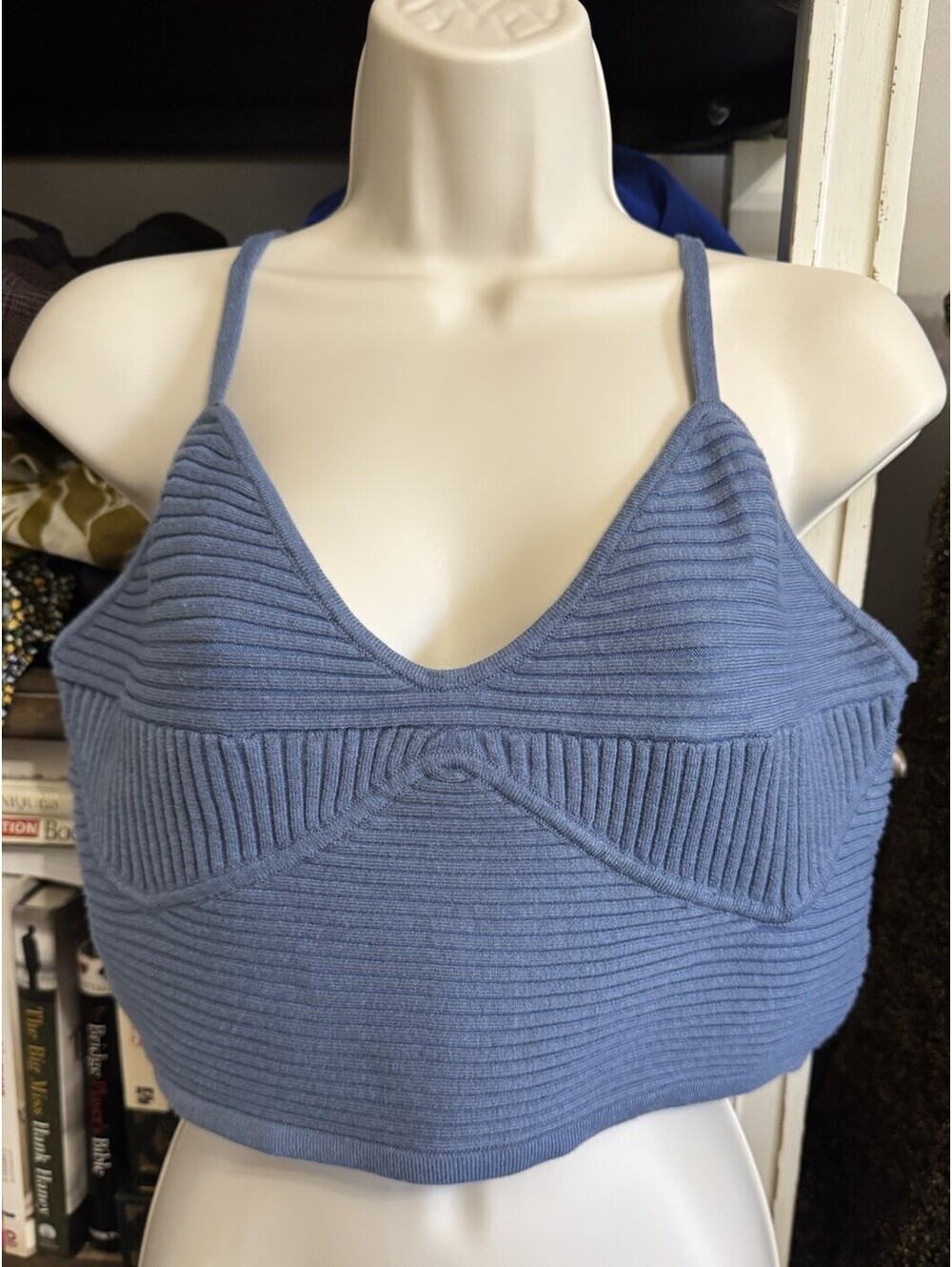 Aerie Wireless Ribbed Knit Stretch Bralette Bra Blue XL with Adjustable Straps
